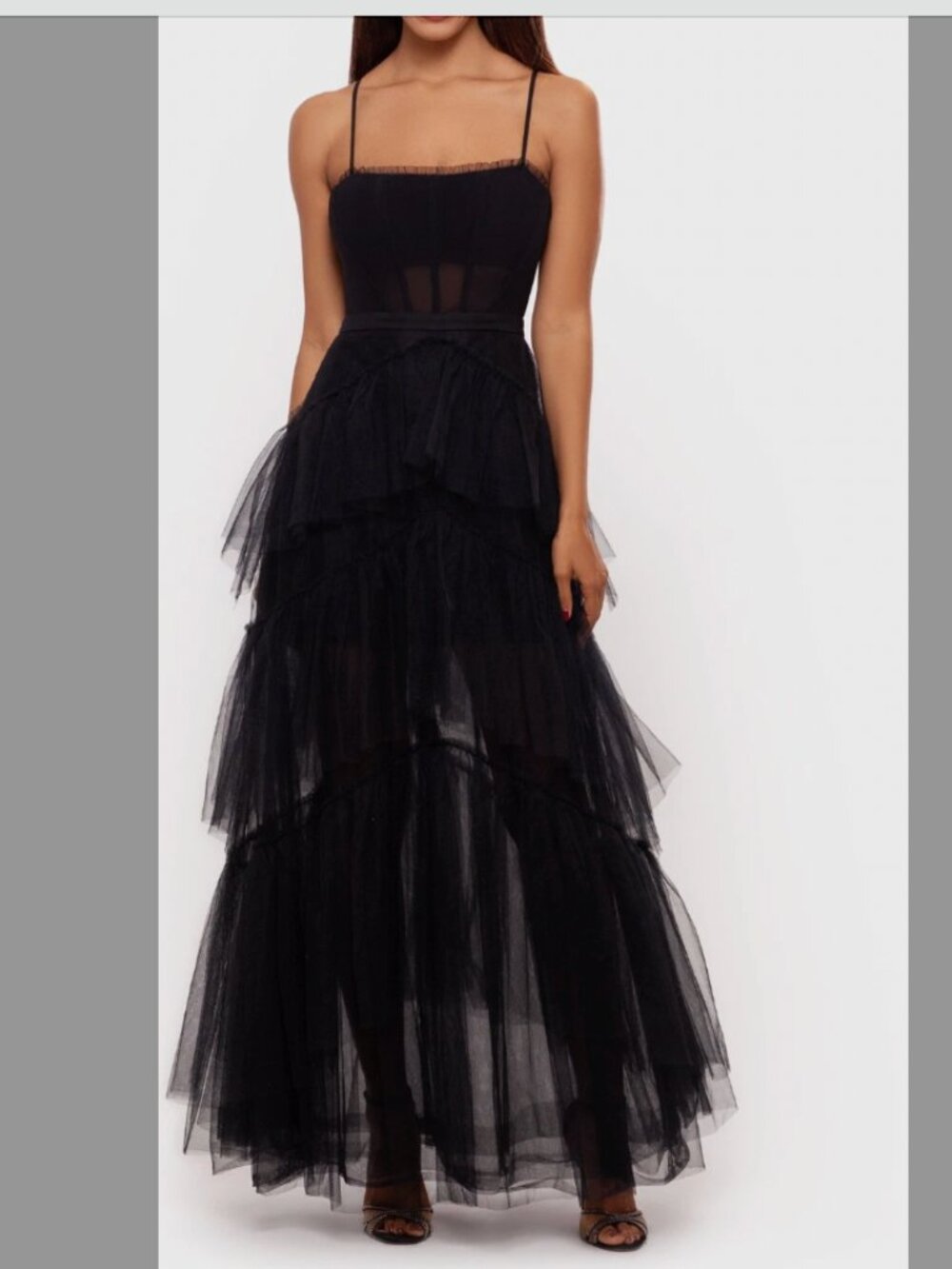 Betsy & Adam - Tiered Tulle Ruffle Gown Black Size 2